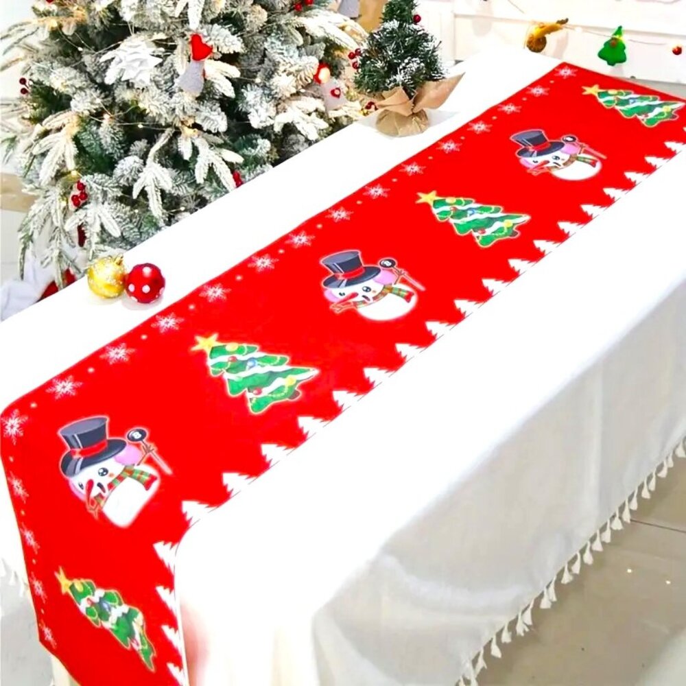 Christmas Table Runner Tree Snowman Dining Linen 13.78"x70.78" Holiday